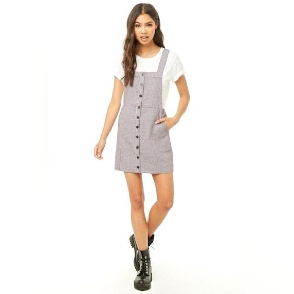 Forever 21 Houndstooth Women's Button-Front Pinafore Mini Dress- M - Picture 1 of 10